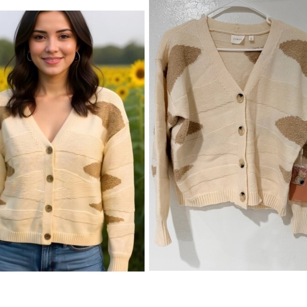 Cyrus Button Front Cream and Camel Cardigan Sweater size S